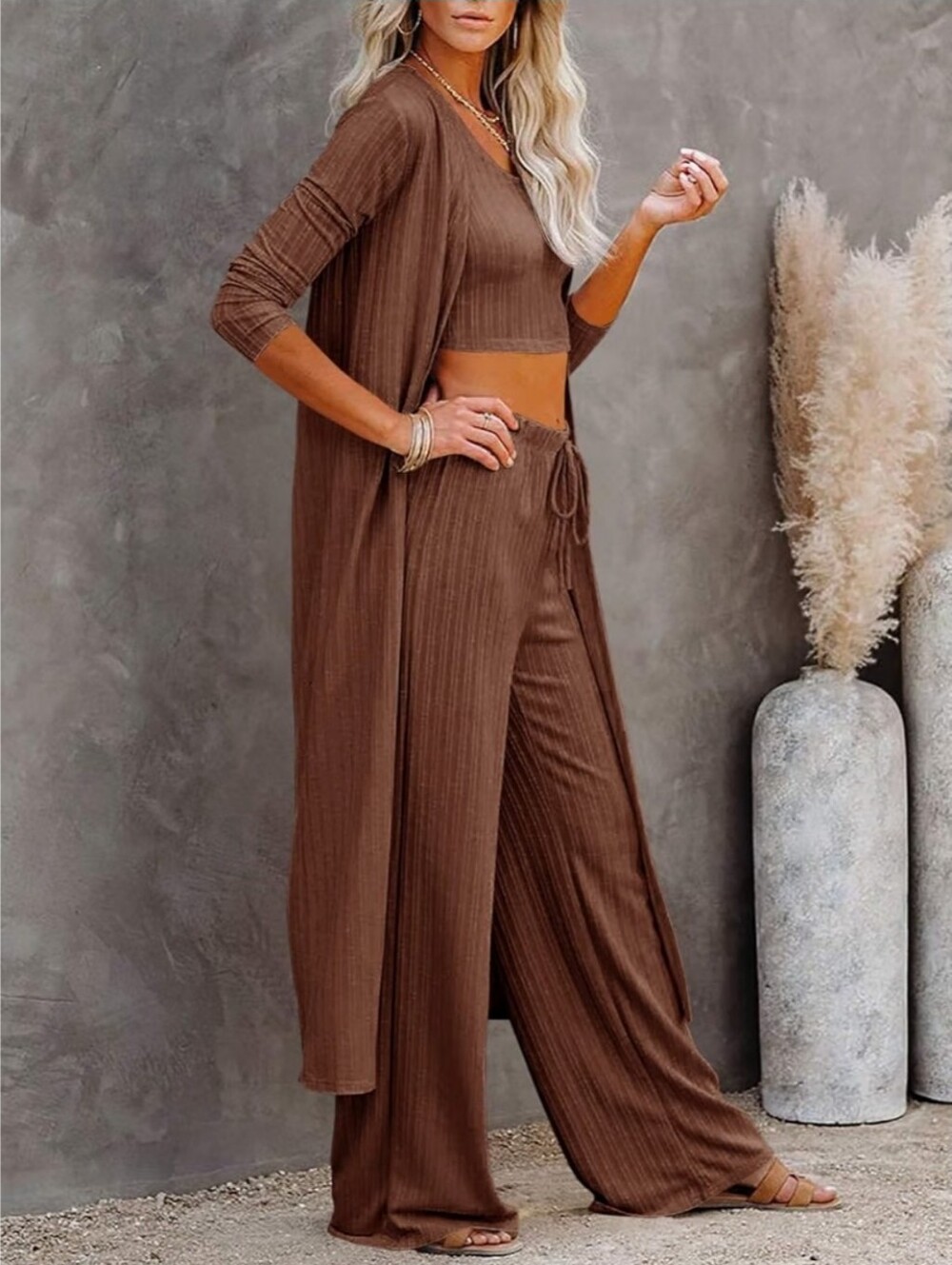 3pcs Lounge Set Long Sleeve Cardigan Sleeveless Top Pants Sweatsuit